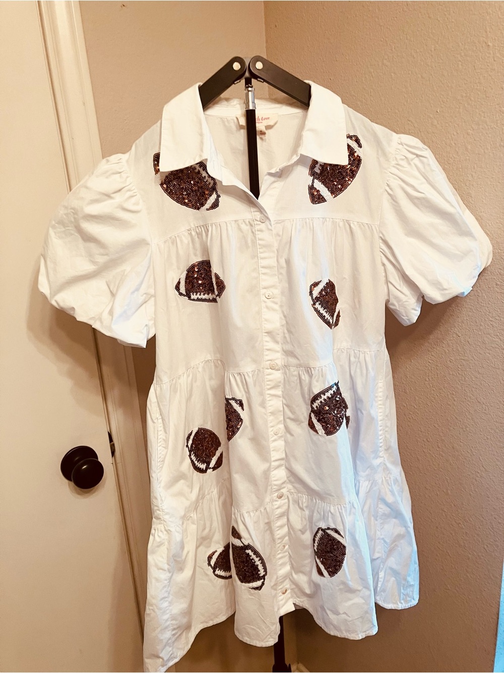 Peach Love White Sequin Football Tiered Babydoll Gameday Shirt Dress - Medium - Picture 2 of 13